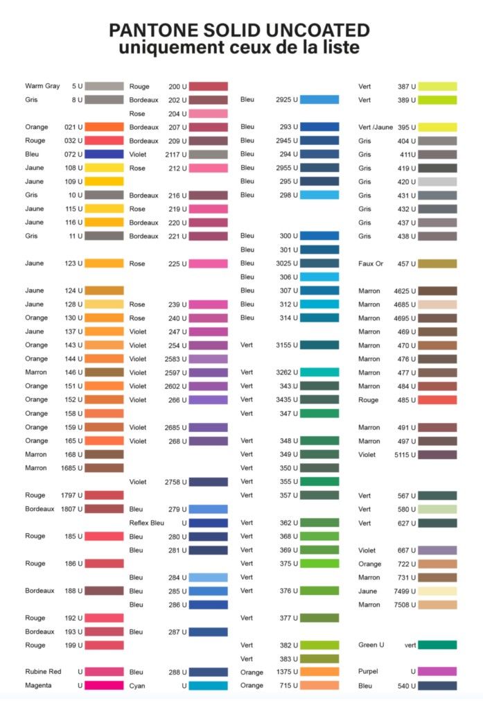 couleurs pantone disponibles